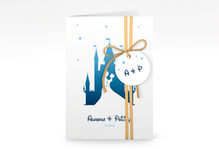 Einladungskarte Hochzeit Castle A6 Klappkarte hoch blau hochglanz