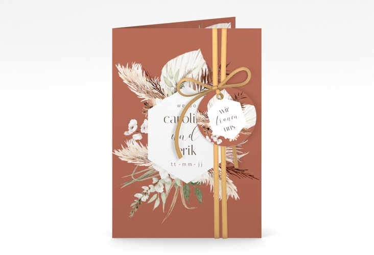 Einladungskarte Hochzeit Bohemian A6 Klappkarte hoch orange mit Gräsern und Trockenblumen für Boho-Hochzeit