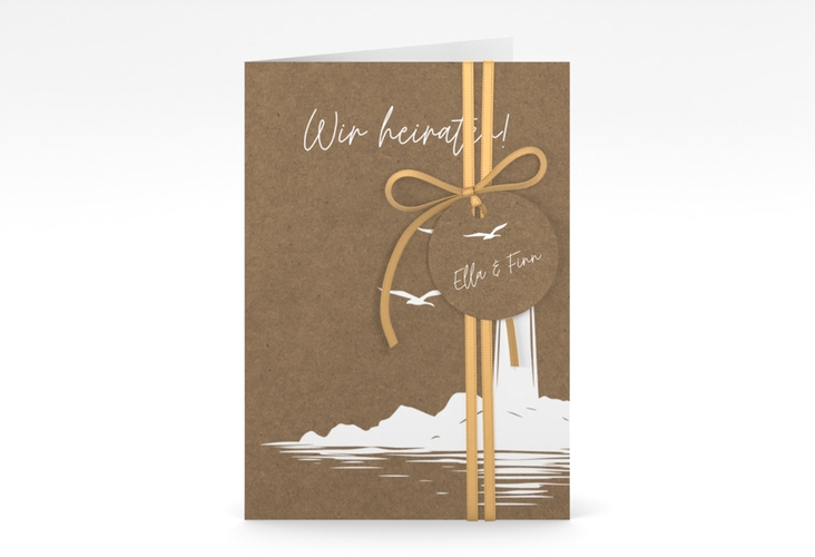 Einladungskarte Hochzeit Leuchtturm A6 Klappkarte hoch Kraftpapier