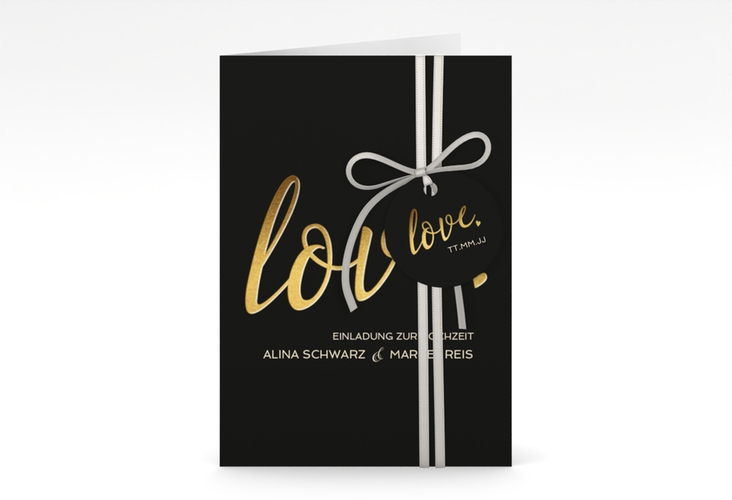 Einladungskarte Hochzeit Glam A6 Klappkarte hoch schwarz hochglanz
