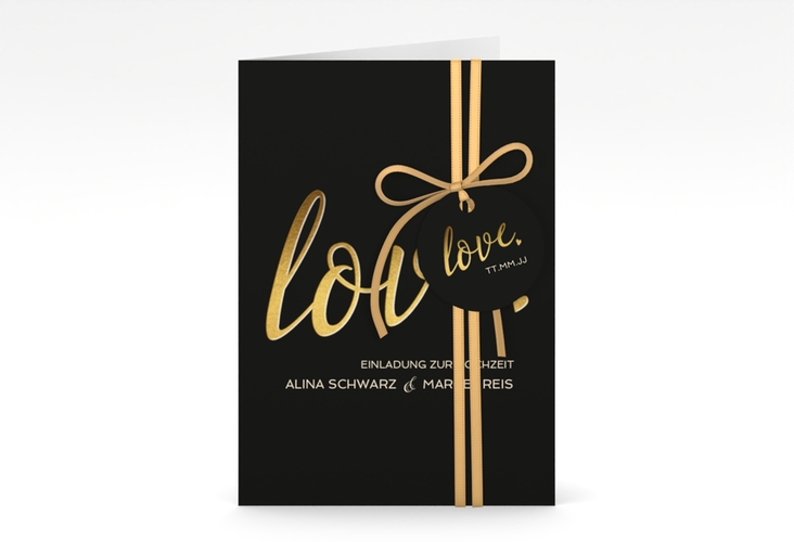 Einladungskarte Hochzeit Glam A6 Klappkarte hoch schwarz hochglanz