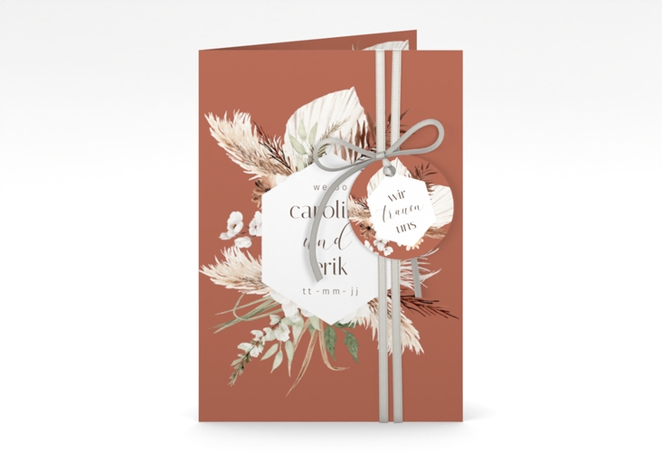 Einladungskarte Hochzeit Bohemian A6 Klappkarte hoch orange mit Gräsern und Trockenblumen für Boho-Hochzeit