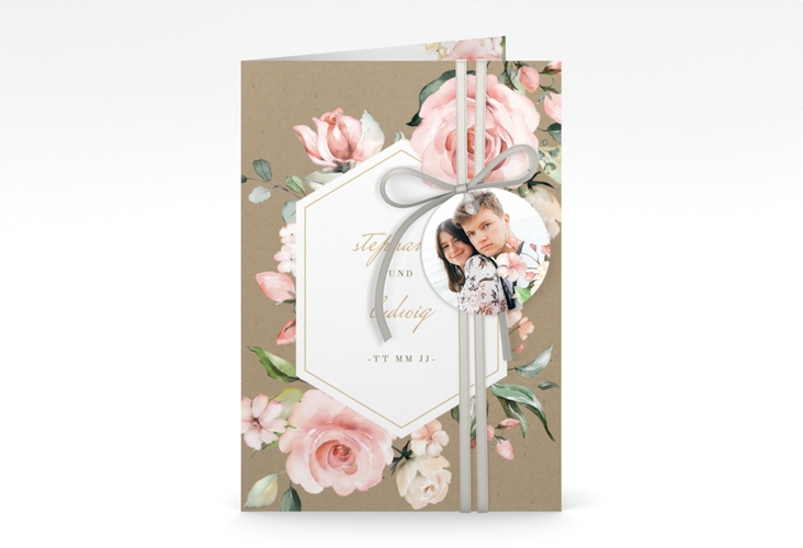 Einladungskarte Hochzeit Graceful A6 Klappkarte hoch Kraftpapier hochglanz mit Rosenblüten in Rosa und Weiß