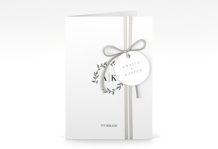 Einladungskarte Hochzeit Filigrana A6 Klappkarte hoch hochglanz in reduziertem Design mit Initialen und zartem Blätterkranz