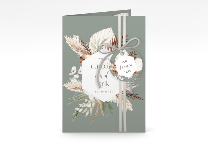 Einladungskarte Hochzeit Bohemian A6 Klappkarte hoch gruen mit Gräsern und Trockenblumen für Boho-Hochzeit