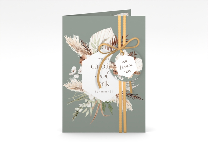 Einladungskarte Hochzeit Bohemian A6 Klappkarte hoch gruen mit Gräsern und Trockenblumen für Boho-Hochzeit