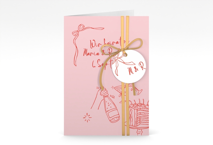 Einladungskarte Hochzeit Doodle A6 Klappkarte hoch rosa
