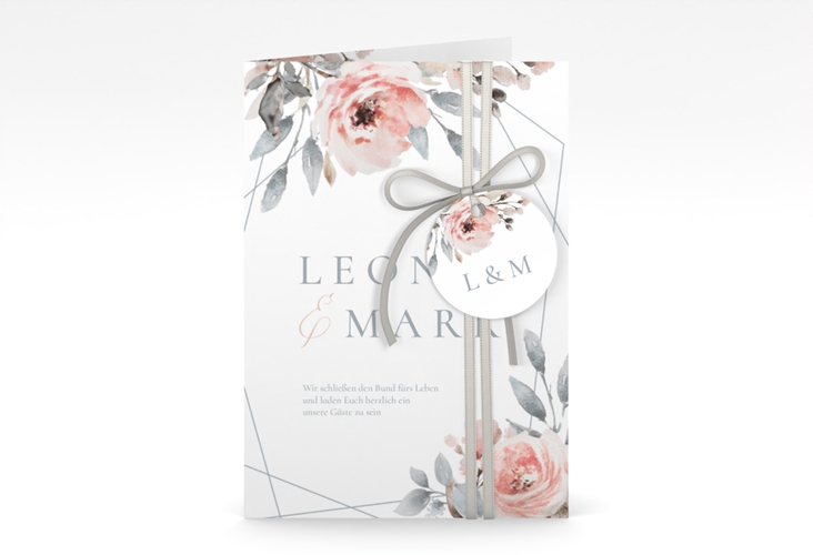 Einladungskarte Hochzeit Perfection A6 Klappkarte hoch weiss hochglanz mit rosa Rosen