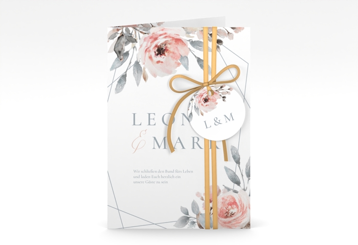 Einladungskarte Hochzeit Perfection A6 Klappkarte hoch weiss hochglanz mit rosa Rosen