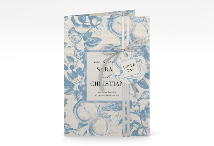 Einladungskarte Hochzeit Toile A6 Klappkarte hoch hochglanz mit Blättermuster im Toile-de-Jouy-Stil