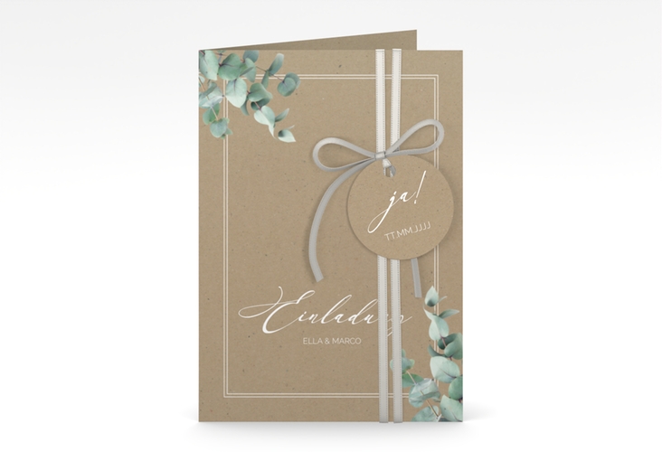 Einladungskarte Hochzeit Eucalypt A6 Klappkarte hoch Kraftpapier mit Eukalyptus und edlem Rahmen