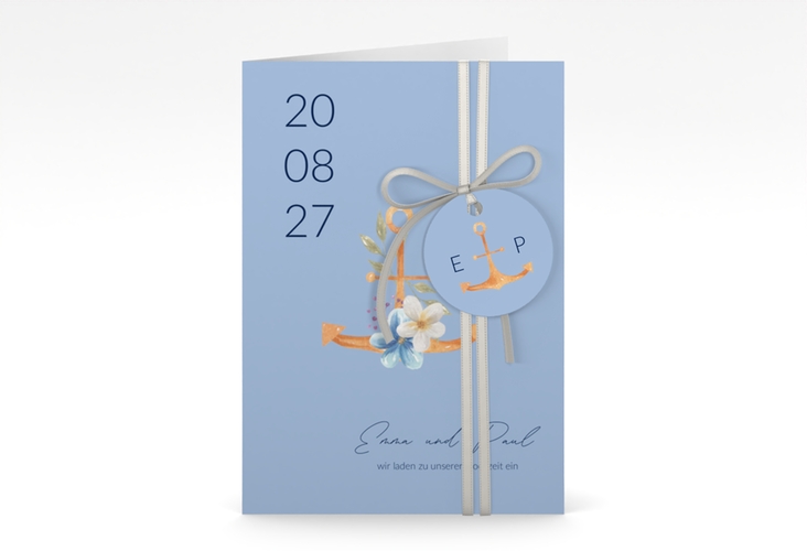 Einladungskarte Hochzeit Anker Floral A6 Klappkarte hoch blau hochglanz