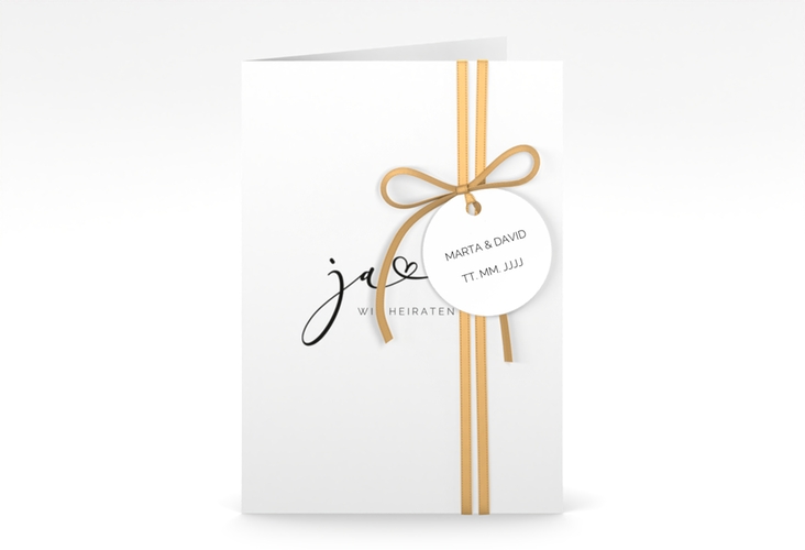 Hochzeitseinladung Jawort A6 Klappkarte hoch weiss hochglanz modern minimalistisch mit veredelter Aufschrift