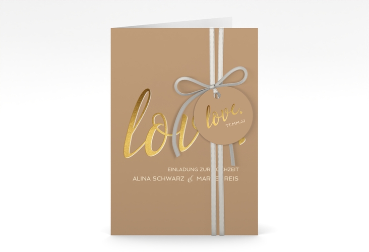 Einladungskarte Hochzeit Glam A6 Klappkarte hoch beige hochglanz
