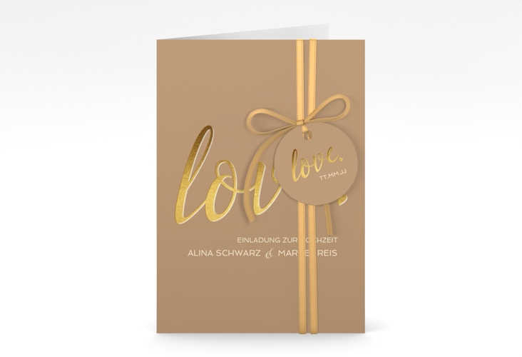 Einladungskarte Hochzeit Glam A6 Klappkarte hoch beige hochglanz