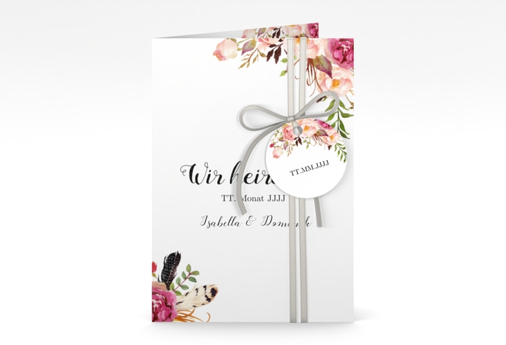 Einladungskarte Hochzeit Flowers A6 Klappkarte hoch weiss mit bunten Aquarell-Blumen