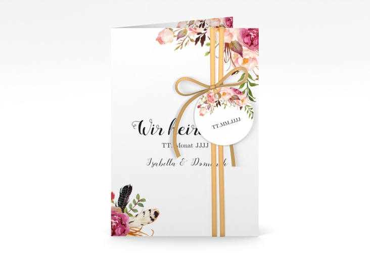 Einladungskarte Hochzeit Flowers A6 Klappkarte hoch weiss mit bunten Aquarell-Blumen