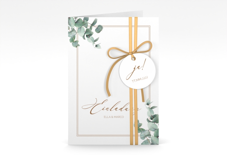 Einladungskarte Hochzeit Eucalypt A6 Klappkarte hoch weiss mit Eukalyptus und edlem Rahmen