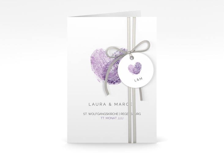 Einladungskarte Hochzeit Fingerprint A6 Klappkarte hoch lila schlicht mit Fingerabdruck-Motiv