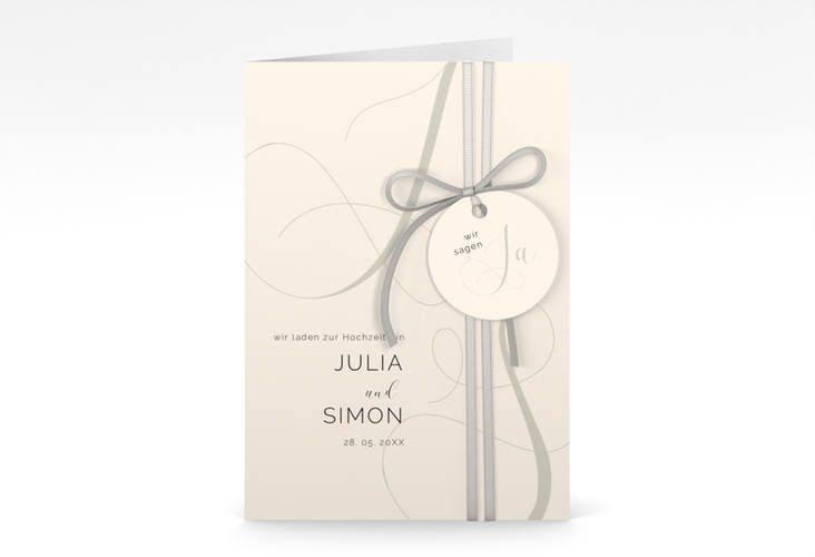 Hochzeitseinladung Eheschließung A6 Klappkarte hoch beige hochglanz mit Gräsern und Trockenblumen für Boho-Hochzeit