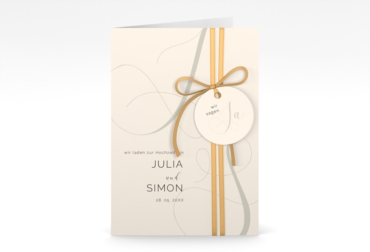 Hochzeitseinladung Eheschließung A6 Klappkarte hoch beige hochglanz mit Gräsern und Trockenblumen für Boho-Hochzeit