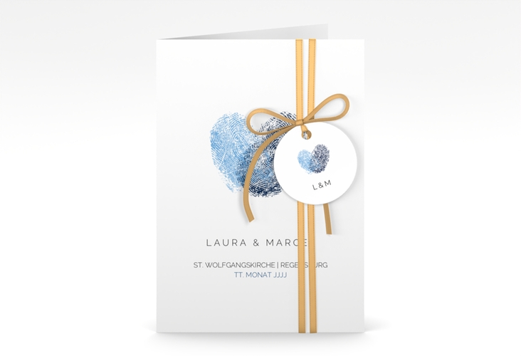 Einladungskarte Hochzeit Fingerprint A6 Klappkarte hoch blau schlicht mit Fingerabdruck-Motiv