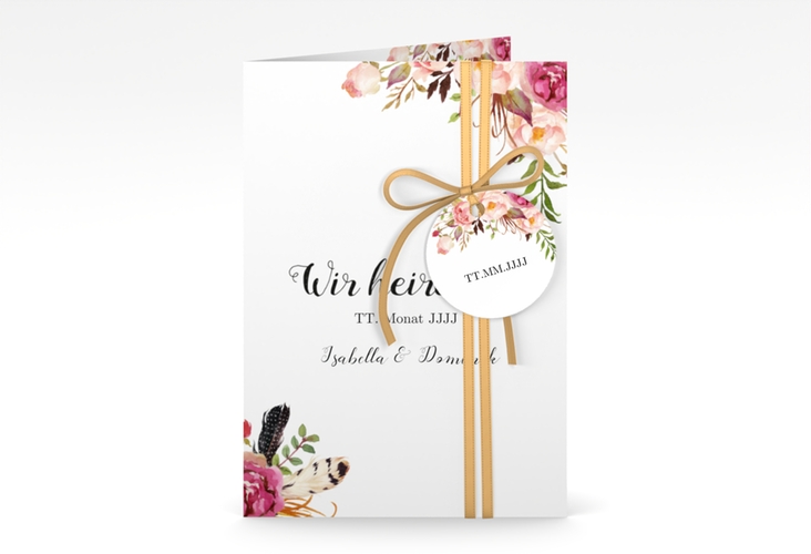 Einladungskarte Hochzeit Flowers A6 Klappkarte hoch weiss hochglanz mit bunten Aquarell-Blumen