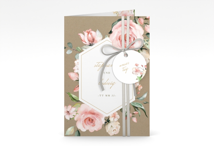 Einladungskarte Hochzeit Graceful A6 Klappkarte hoch mit Rosenblüten in Rosa und Weiß