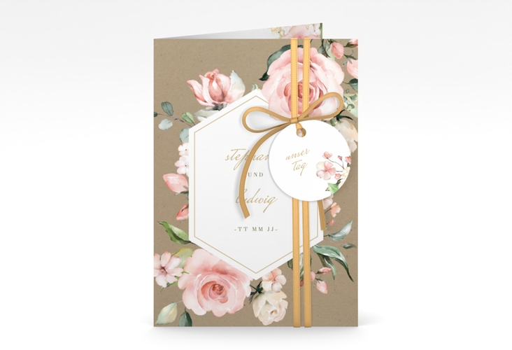 Einladungskarte Hochzeit Graceful A6 Klappkarte hoch mit Rosenblüten in Rosa und Weiß