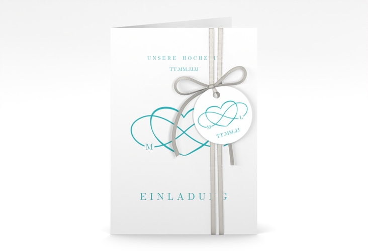 Einladungskarte Hochzeit Infinity A6 Klappkarte hoch tuerkis hochglanz