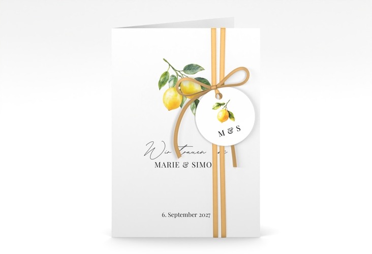 Einladungskarte Hochzeit Zitronen A6 Klappkarte hoch weiss für mediterrane Zitrushochzeit