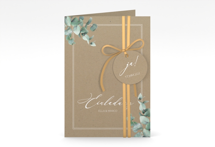 Einladungskarte Hochzeit Eucalypt A6 Klappkarte hoch Kraftpapier mit Eukalyptus und edlem Rahmen