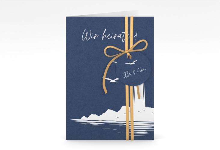 Einladungskarte Hochzeit Leuchtturm A6 Klappkarte hoch blau