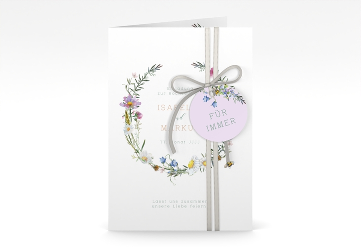 Einladungskarte Hochzeit Blumengarten A6 Klappkarte hoch bunt hochglanz mit Blumenkranz und Hummel
