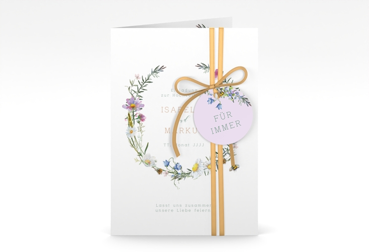 Einladungskarte Hochzeit Blumengarten A6 Klappkarte hoch bunt hochglanz mit Blumenkranz und Hummel
