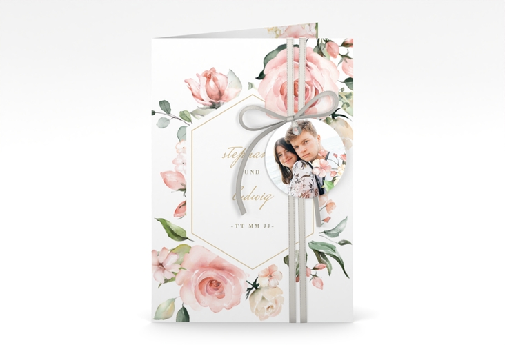 Einladungskarte Hochzeit Graceful A6 Klappkarte hoch weiss hochglanz mit Rosenblüten in Rosa und Weiß