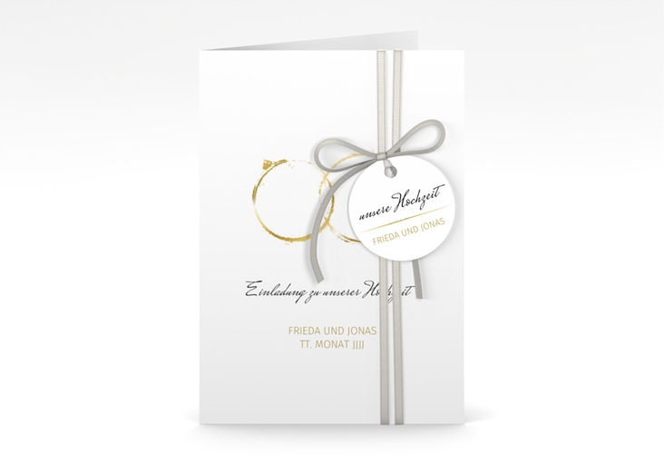 Einladungskarte Hochzeit Trauringe A6 Klappkarte hoch gold minimalistisch gestaltet mit zwei Eheringen