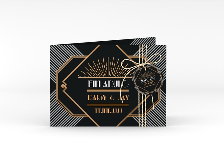 Hochzeitseinladung Gatsby A6 Klappkarte quer schwarz im 20er-Jahre-Stil