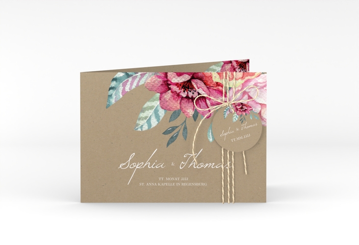 Hochzeitseinladung Blooming A6 Klappkarte quer Kraftpapier hochglanz