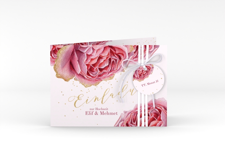 Hochzeitseinladung Cherie A6 Klappkarte quer rosa hochglanz
