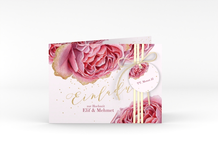 Hochzeitseinladung Cherie A6 Klappkarte quer rosa hochglanz