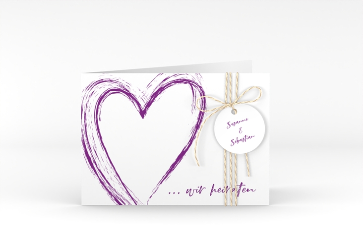 Hochzeitseinladung Liebe A6 Klappkarte quer lila hochglanz