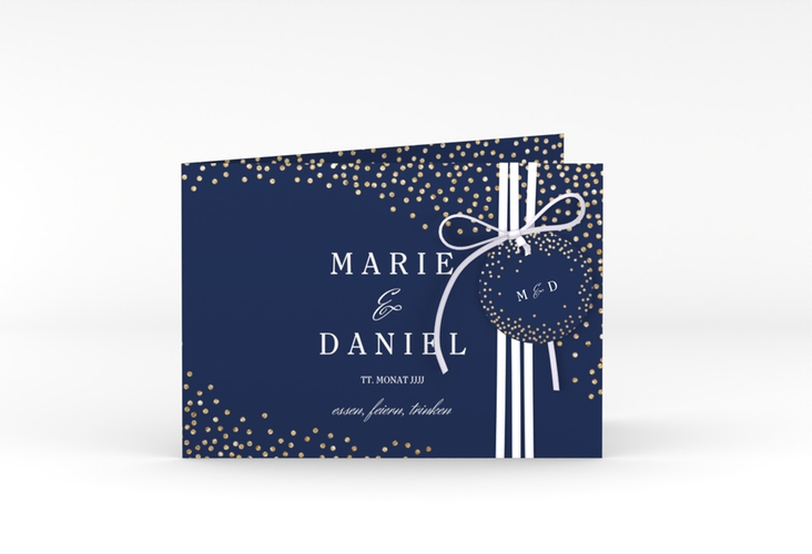 Hochzeitseinladung Glitter A6 Klappkarte quer blau hochglanz