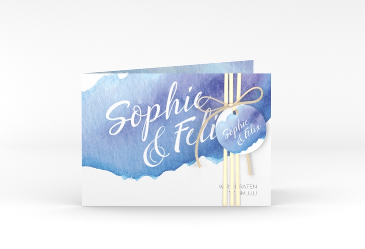 Einladungskarte Hochzeit Aquarella A6 Klappkarte quer blau