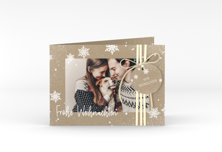 Weihnachtskarte Schneezauber A6 Klappkarte quer Kraftpapier hochglanz mit Foto und Schneeflocken