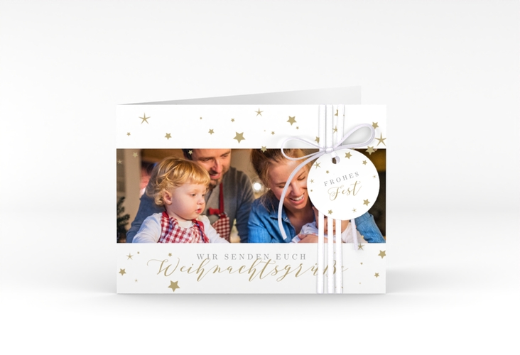 Weihnachtskarte Sternennacht A6 Klappkarte quer weiss mit Sternchen und Familienfoto