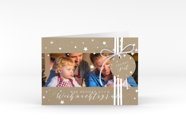 Weihnachtskarte Sternennacht A6 Klappkarte quer Kraftpapier mit Sternchen und Familienfoto