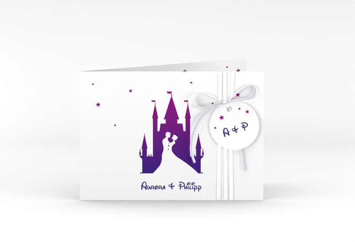 Hochzeitseinladung Castle A6 Klappkarte quer lila hochglanz