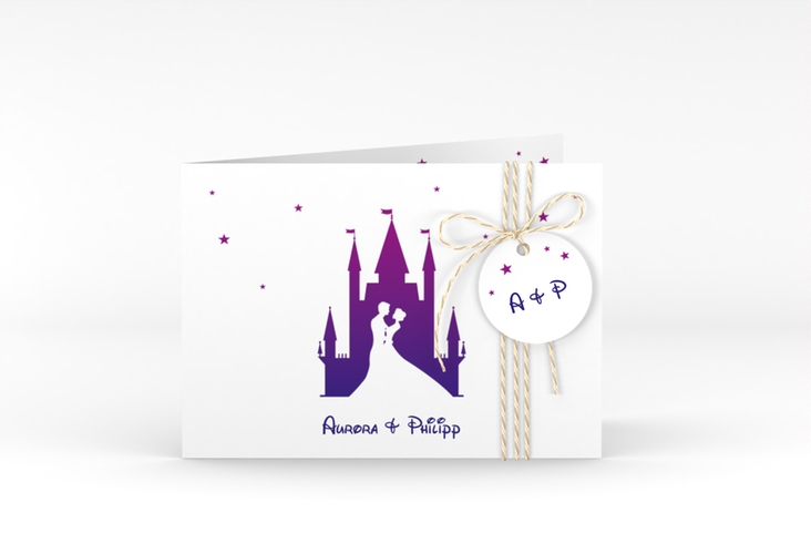 Hochzeitseinladung Castle A6 Klappkarte quer lila hochglanz