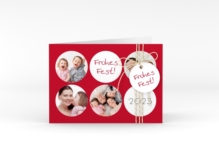 Weihnachtskarte Joy A6 Klappkarte quer rot mit runden Fotos